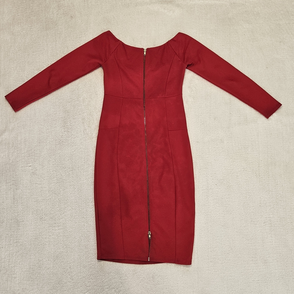 Preloved Bebe Red Midi Sheath Dress Size 4 Formal Feminine Party Office Glam - Picture 11 of 11